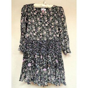 Vintage Le Chat Coco Kids Floral Print Pleated Long Sleeve A-Line Dress Black